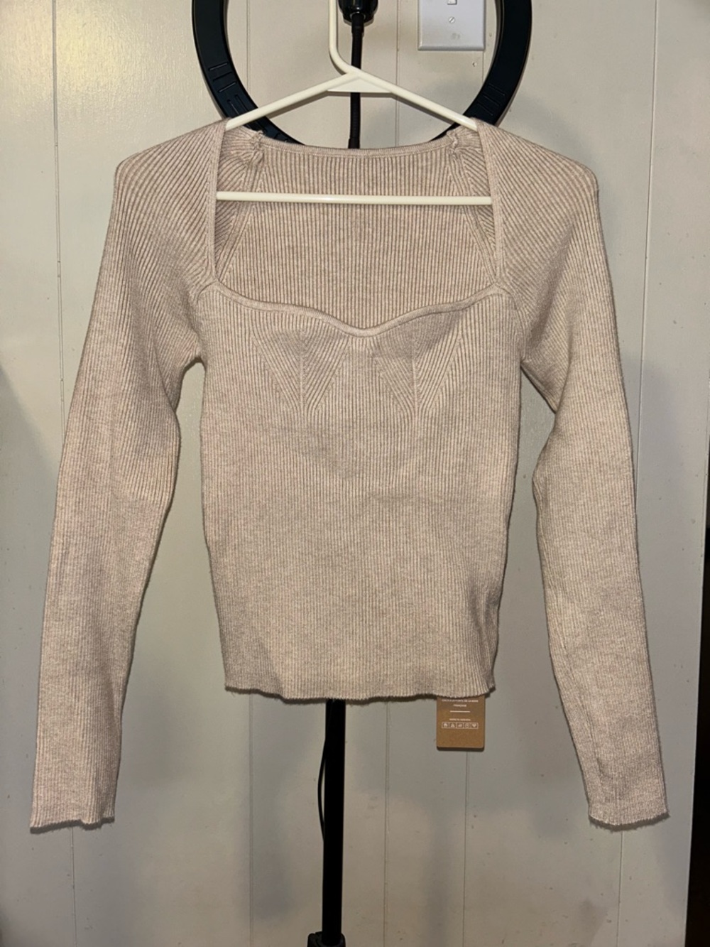 SHEIN Ribbed Square Neck Long Sleeve Top - Beige